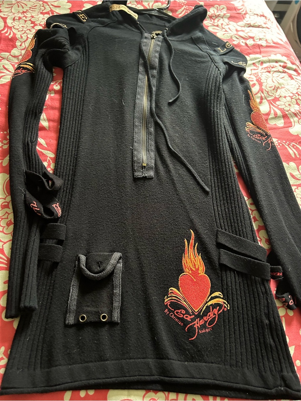 Y2K Vintage Ed Hardy Ribbed Knit Hoodie Dress Small
